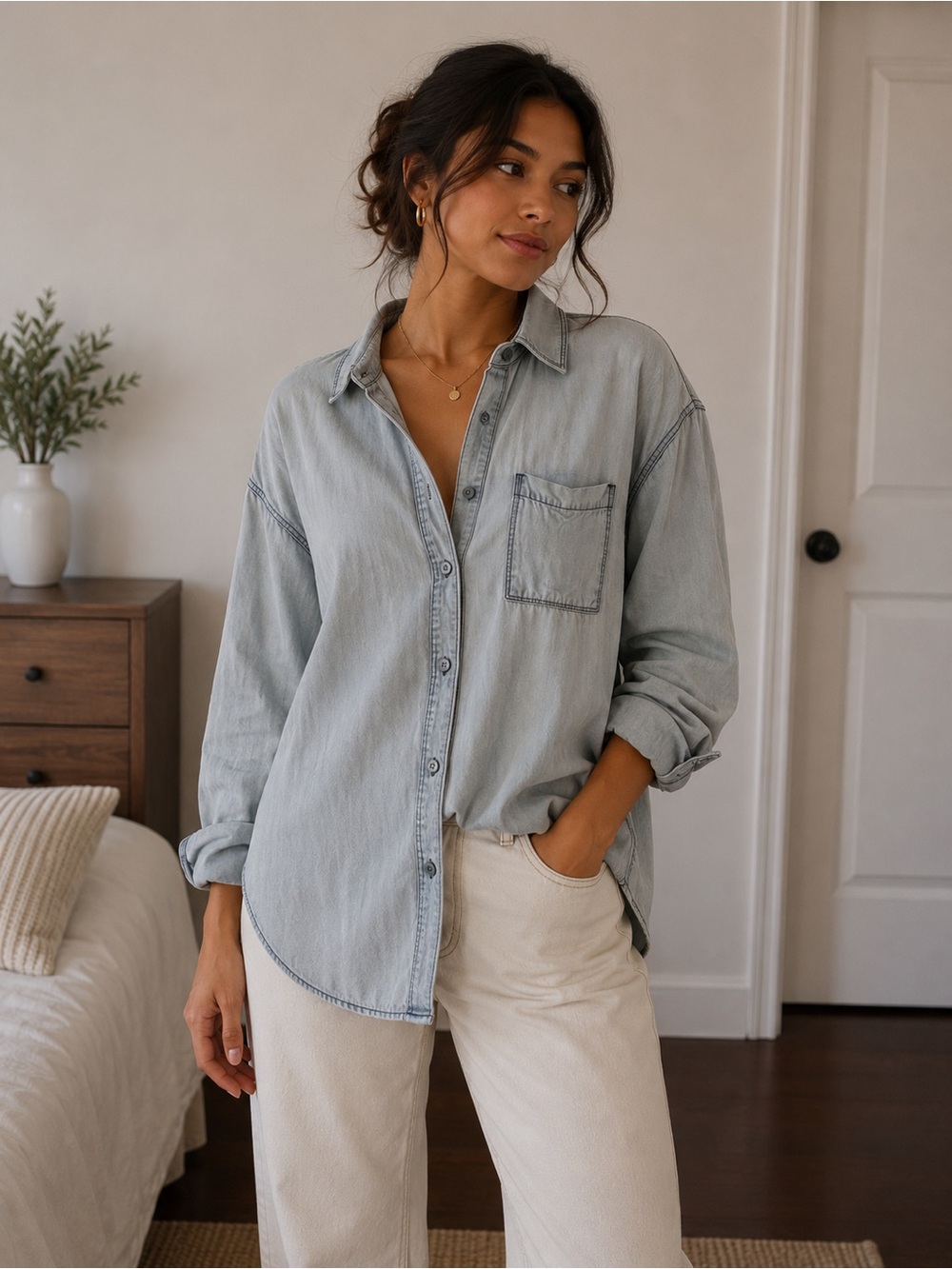 Light blue chambray Button-Up Shirt - Casual Long Sleeve